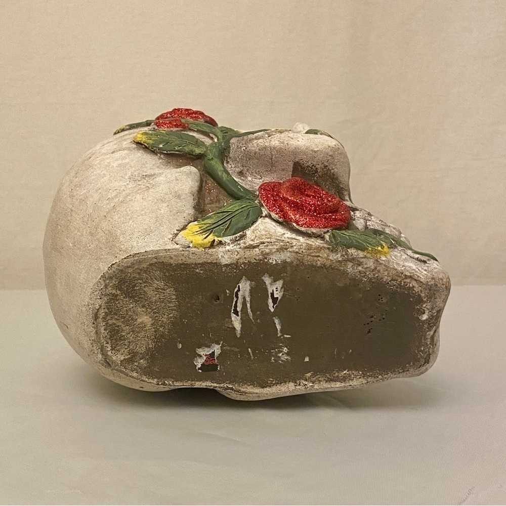 Skull With Roses Figurine Day Of The Dead Sugar Skull Glitter Flowers Decor - Picture 8 of 11